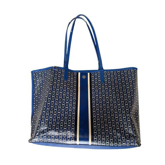 Tory Burch Gemini Link Tote Cobalt Blue Chain Print Bag Wear on Handles - Picture 1 of 6